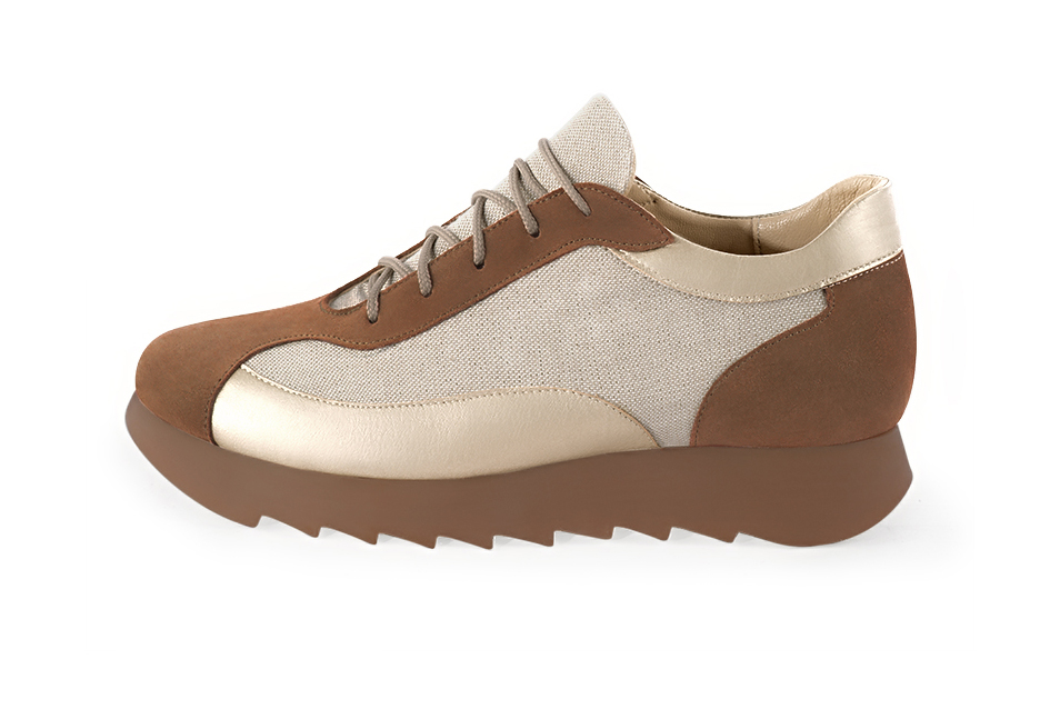 Chocolate brown and gold women's two-tone elegant sneakers. Round toe. Low rubber soles. Profile view - Florence KOOIJMAN